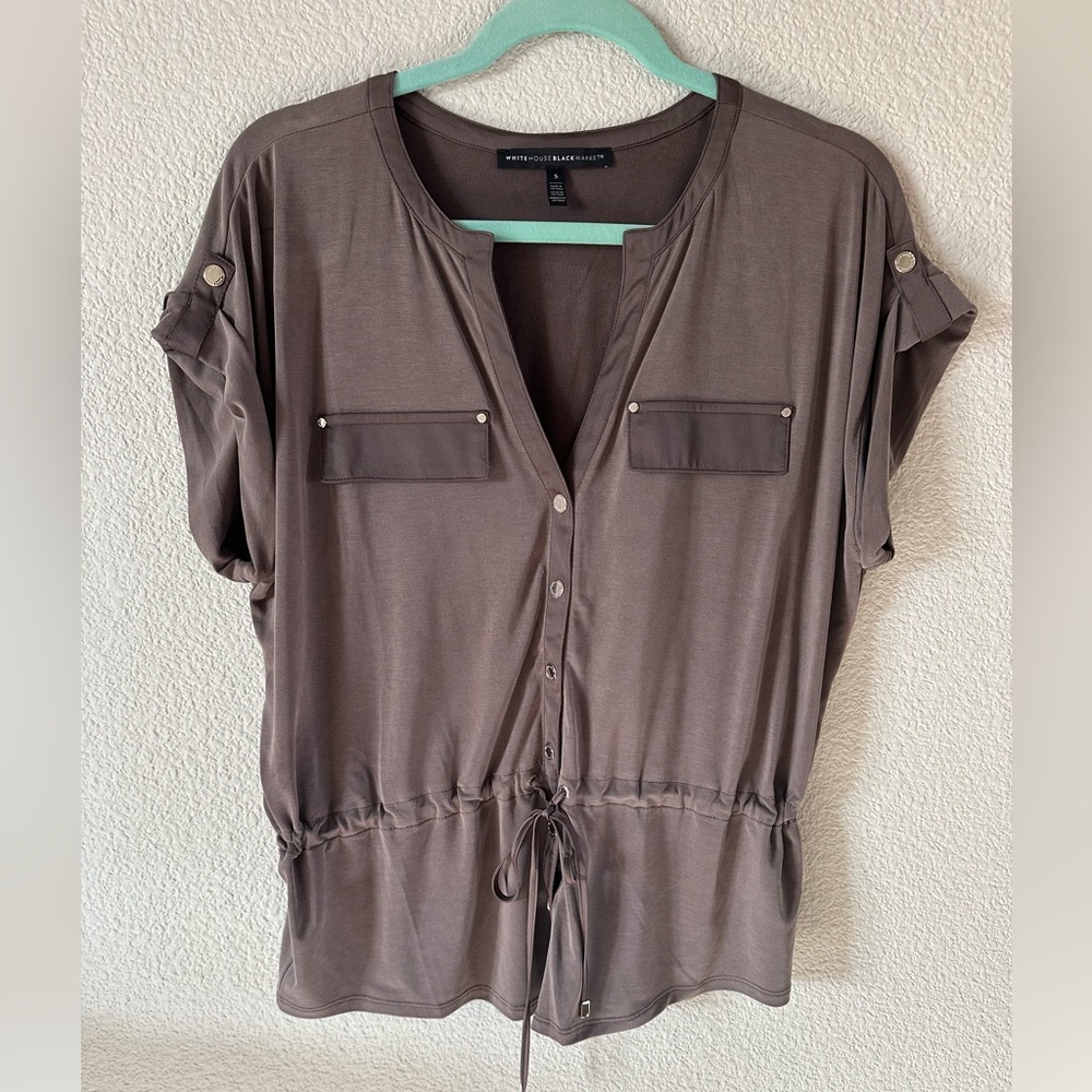 White House Black Market Taupe Button-Front Drawstring Top - Size Small